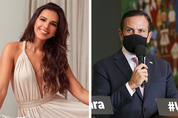 Montagem mostra à esquerda a atriz Mariana Rios sorrindo e à direita o governador João Doria de máscara