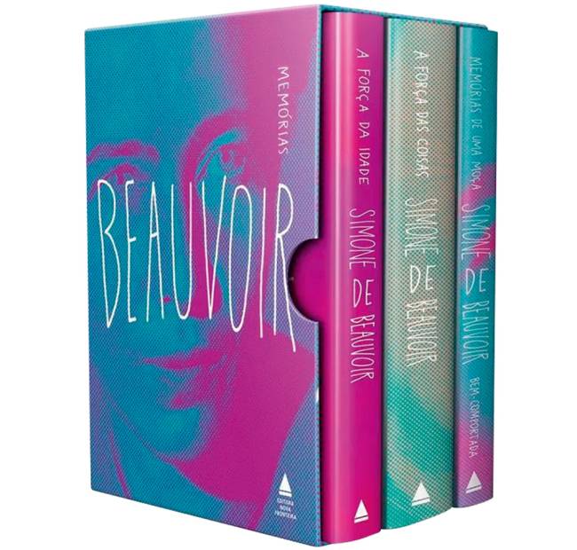 Capa do livro Memórias de Simone de Beauvoir, boxe com três livros.