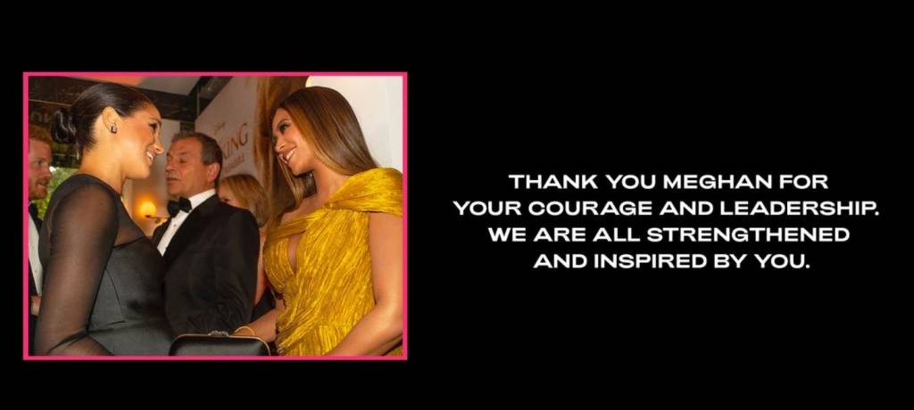 Print do site da cantora Beyoncé em que publica mensagem à Meghan Markle em seu site oficial