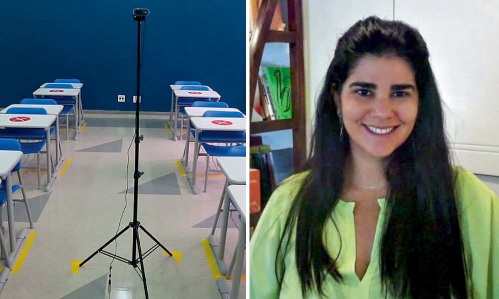 À esquerda, sala de aula do colégio pentágono vazia; à direita, Camila sorrindo para a foto