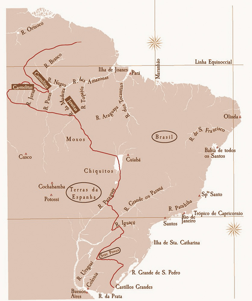 mapa das cortes, com traçado proposto para a fronteira brasileira