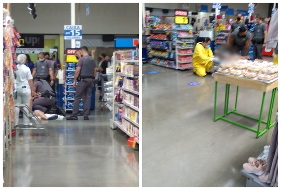 Homem é detido no chão de supermercado por policiais
