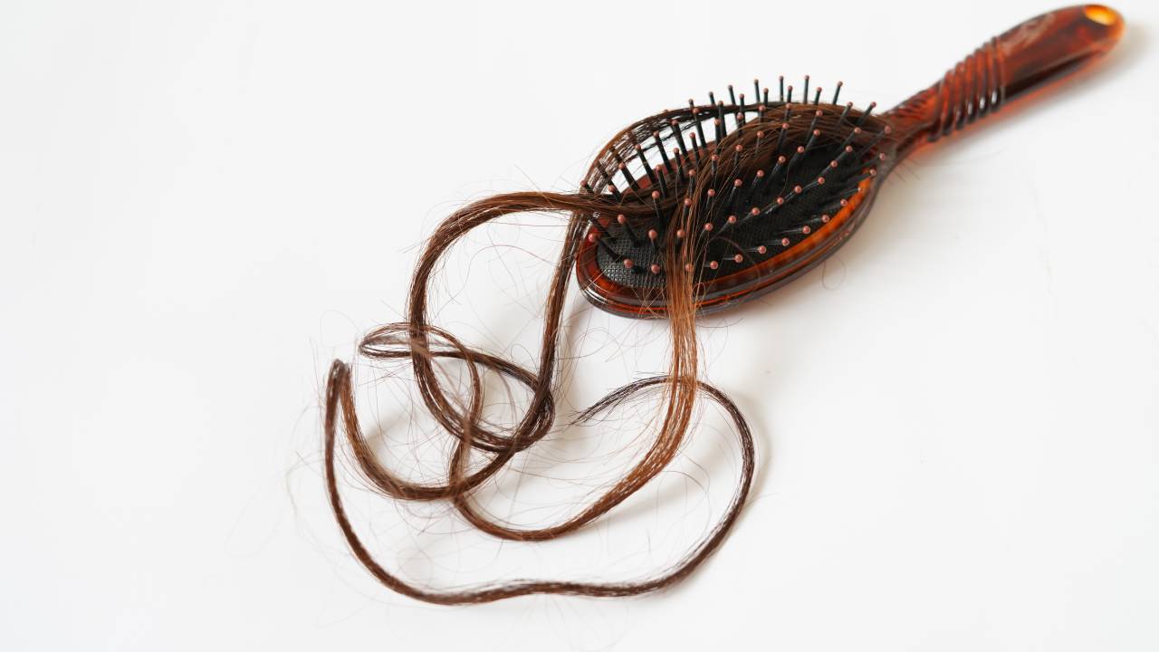 Imagem mostra escova de cabelo com mechas de cabelo presas