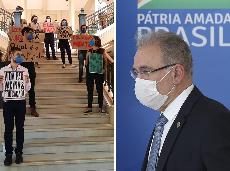 Montagem mostra à esquerda alunos em escadaria de prédio da FMUSP segurando cartazes com frases de protesto contra o governo Bolsonaro; à direita, ministro da saúde Marcelo Queiroga aparece em fundo com o logo do governo Bolsonaro após a sua cerimônia de nomeação