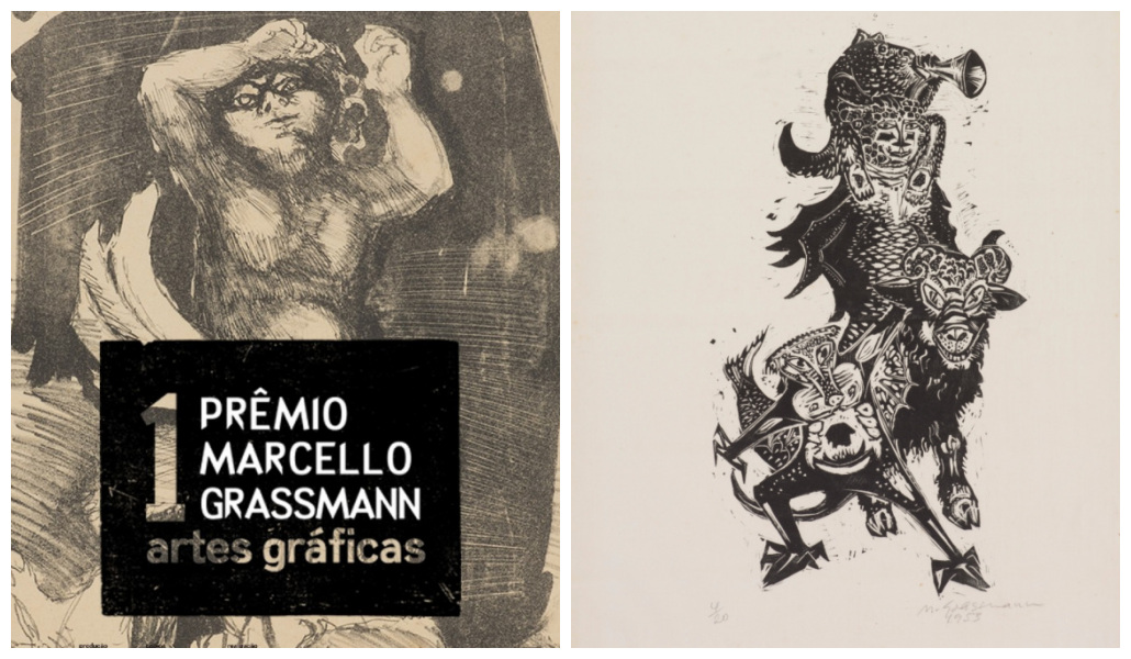 Lado a lado, cartaz do prêmio Marcello Grassmann e obra em xilogravura em que aparece um ser híbrido, com cabeça de macaco e bode