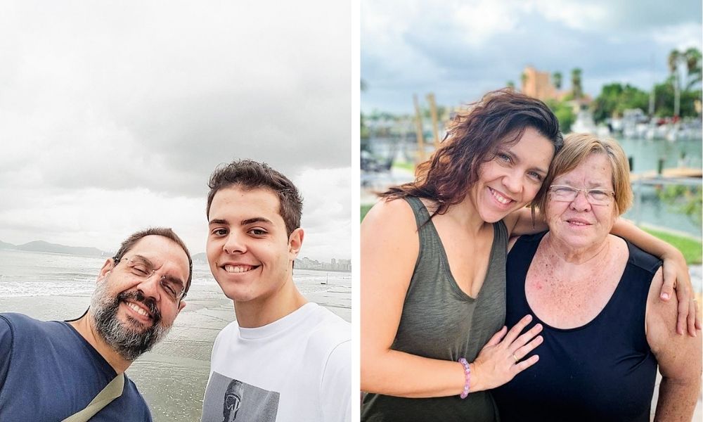 Montagem com duas fotos. À esquerda, Lucas tira uma selfie com o pai, e na fotografia estão os dois sorrindo com uma praia ao fundo. À direita, Ana Paula está abraçando sua mãe, Felomena.