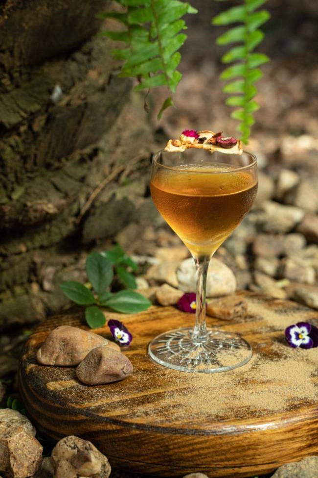 Taça de vidro com drink de coloração caramelo e biscoito na borda sobre tábua de madeira polvilhada com canela e adornada com flores roxas e pedrinhas. Ao fundo, ambiente com pedras e casca de árvore à esquerda.