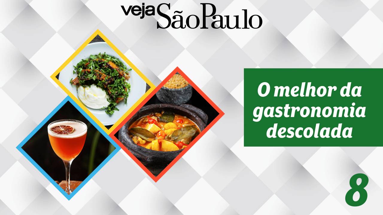 Card com a inscrição "O Melhor da Gastronomia Descolada", logo da Veja São Paulo e e fotos pequenas de um drinque e dois pratos