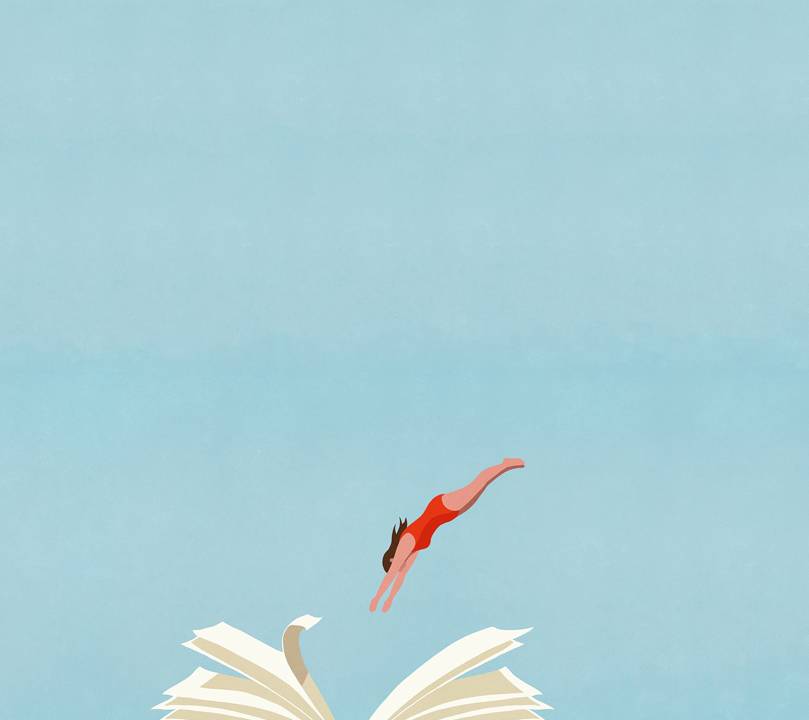 A imagem apresenta uma ilustração. Com o fundo inteiro azul, uma mulher aparece mergulhando em um livro aberto.