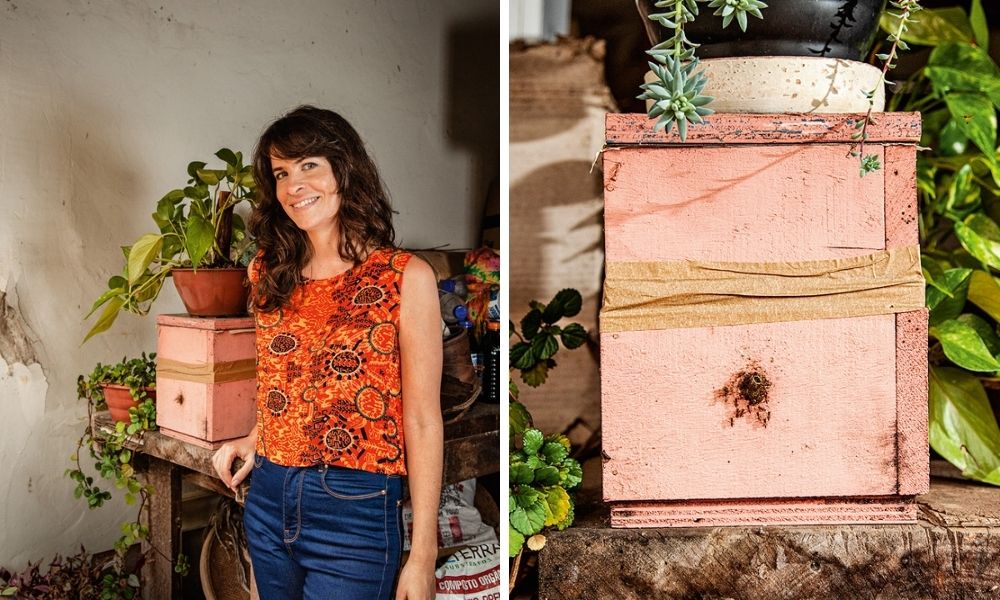 Montagem de duas imagens. À esquerda, Isabel apoiada com o braço em uma mesa que tem sua caixa de criação de abelhas. À direita, a caixa, com o buraco onda há algumas abelhas