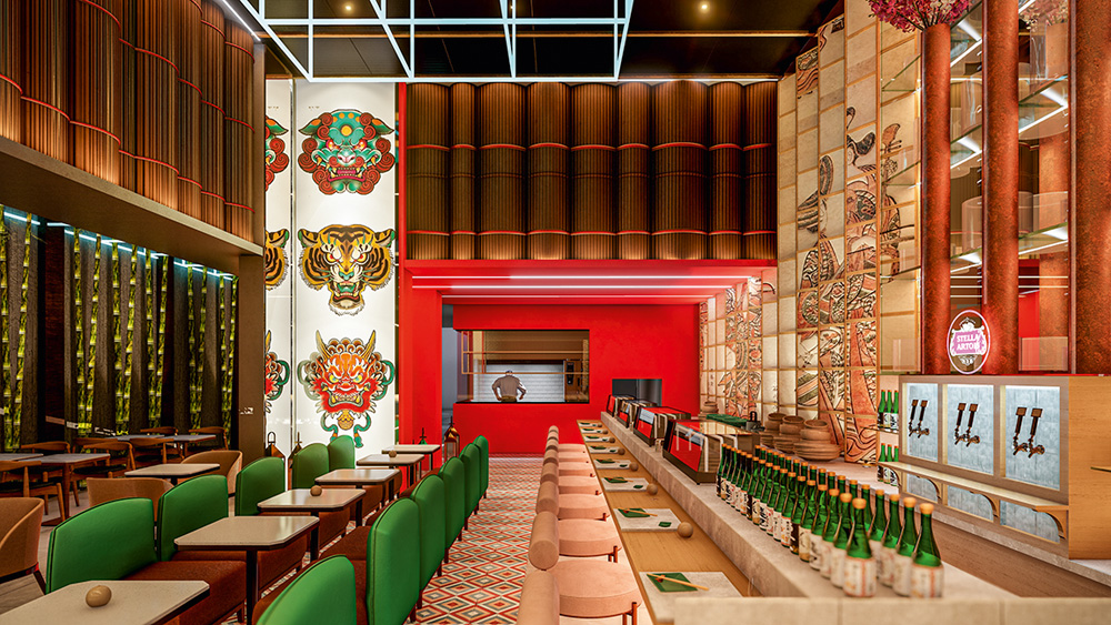 Planta do restaurante japonês do Grupo São Bento de Gastronomia que mostra um salão amplo e de paredes vermelhas