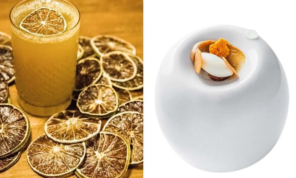 À esquerda, o drinque amarelado com rodelas de limão espalhadas em volta do copo. À direita, o pão de mel do Evva em um fundo branco