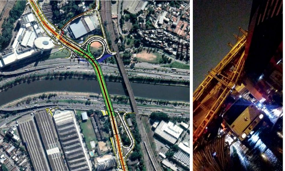 À esquerda, visão de satélite com a demarcação do lugar onde seria construído a ponte; à direita, passarela sobre o caminhão, na queda de 2019