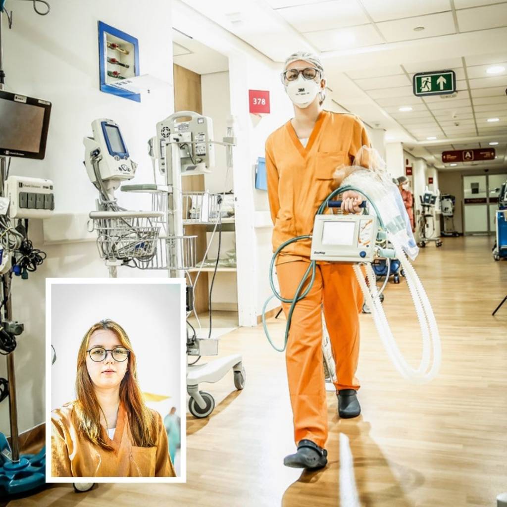 Talita andando por um corredor de hospital, equipada. No canto inferior esquerdo, uma foto 3x4 sua