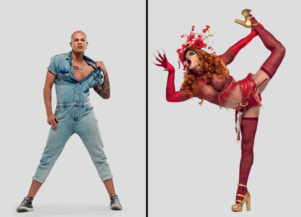 Hellena Borgys em duas imagens: à esquerda um homem careca de roupa jeans, à direita uma drag montada com roupa toda vermelha.