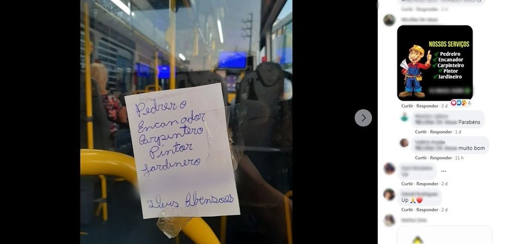 Imagem de um pedaço de papel colado no vidro da janela de um ônibus que diz "pedrero, encanador, carpintero, pintor, jardinero, Deus abensoes".