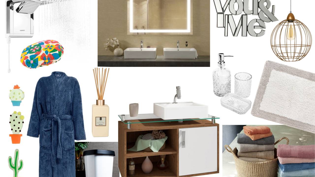 Imagem mostra diversos itens para banheiro como roupão, tapete, gabinete e chuveiro