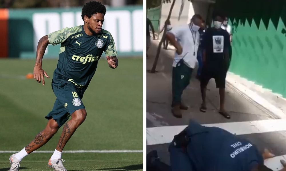 Montagem: à esquerda, Luiz Adriano correndo em um gramado com uniforme do Palmeiras. À direita, Luiz Adriano em frente ao estacionamento do Shopping Bourbon, de máscara