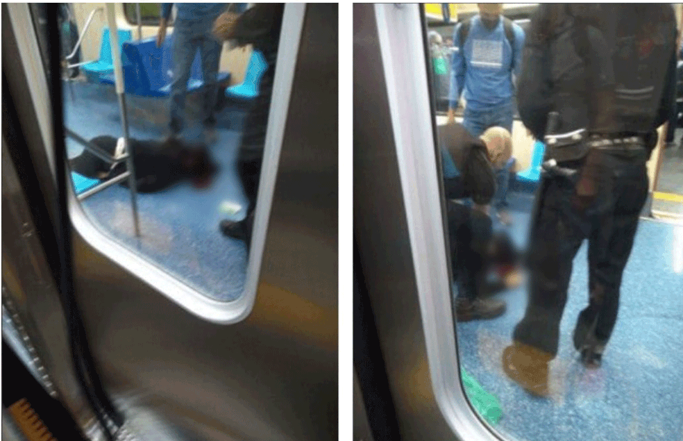 A imagem mostra uma mulher caída no chão da estação Sé após ser agredida; segurança e passageiros estão em pé ao redor dela