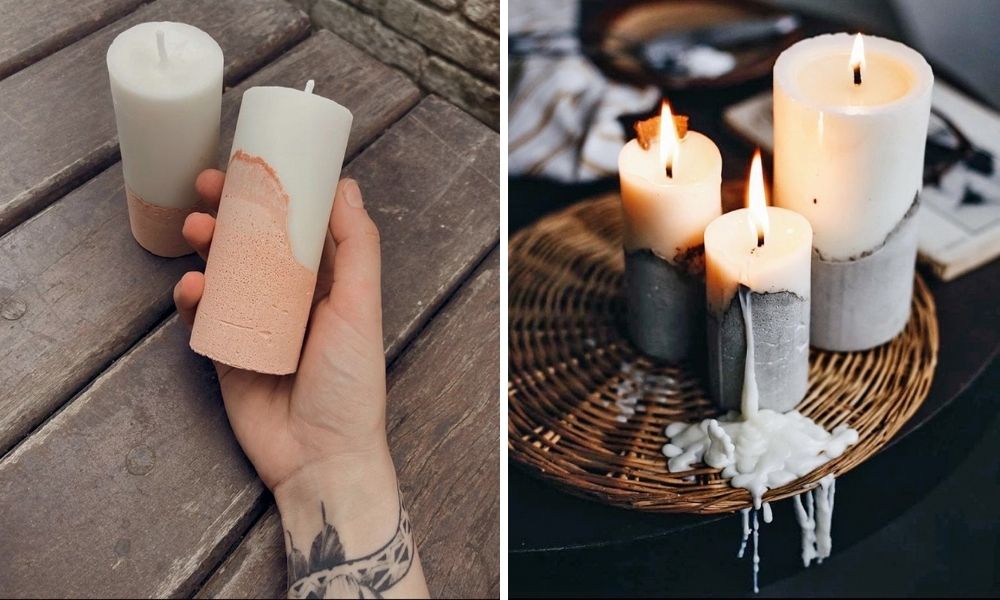 Velas com concreto, em uma imagem apagada e em outra acesa