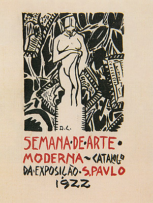 Catálogo da Semana de Arte de 1922, com o desenho de uma escultura e o nome do evento mais abaixo