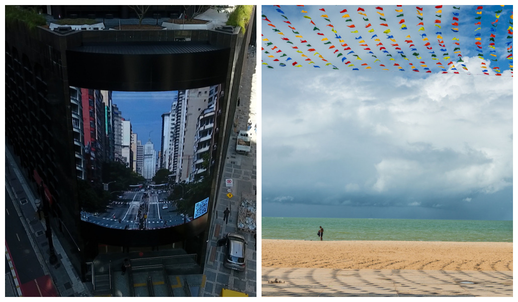 Foto da região central de São paulo e de praia em João Pessoas: trabalhos de Tuca Reinés são exibidos em telão com mais de 9 metros de altura e largura