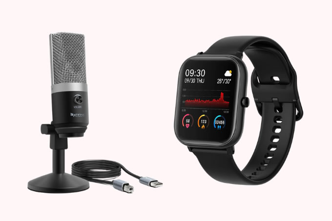 Microfone USB com condensador, Fifine e Smartwatch para Android à prova d’água, SQR P8 SE sobre um fundo rosa claro.