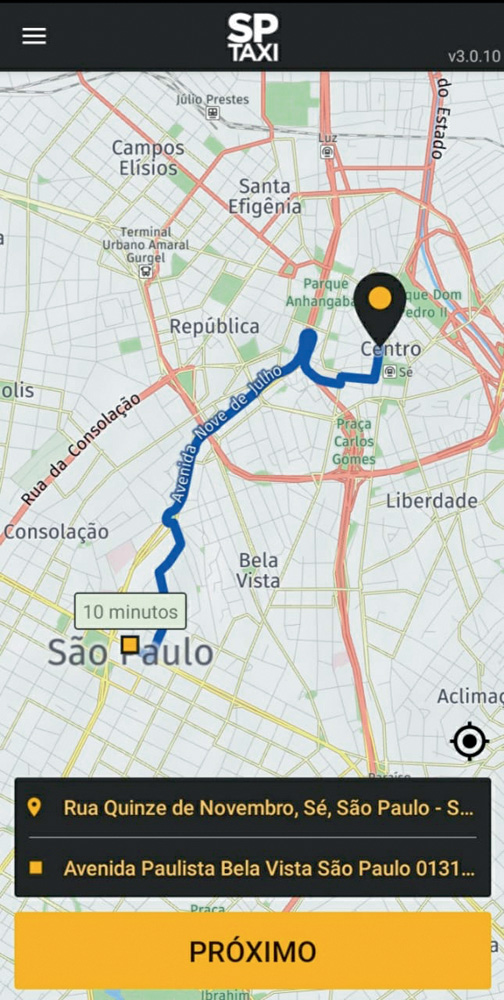 sp-taxi-marcha-lenta-print-app imagem do aplicativo, com uma rota traçada entre dois endereços
