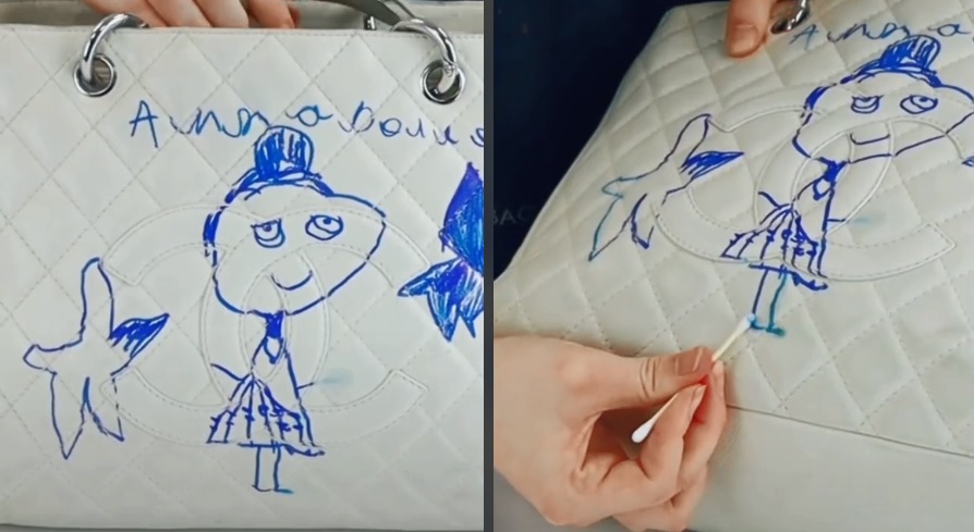 A imagem apresenta a bolsa Chanel com um desenho de caneta azul de uma velhinha de vestido, bem simples. À direita, há uma mão com um algodão removendo a tinta