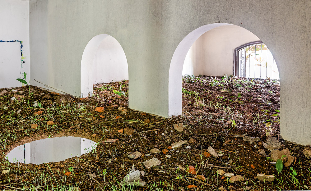 Interior de uma casa com paredes brancas. No centro, uma estrutura de plantas, pedras e terra suspensa