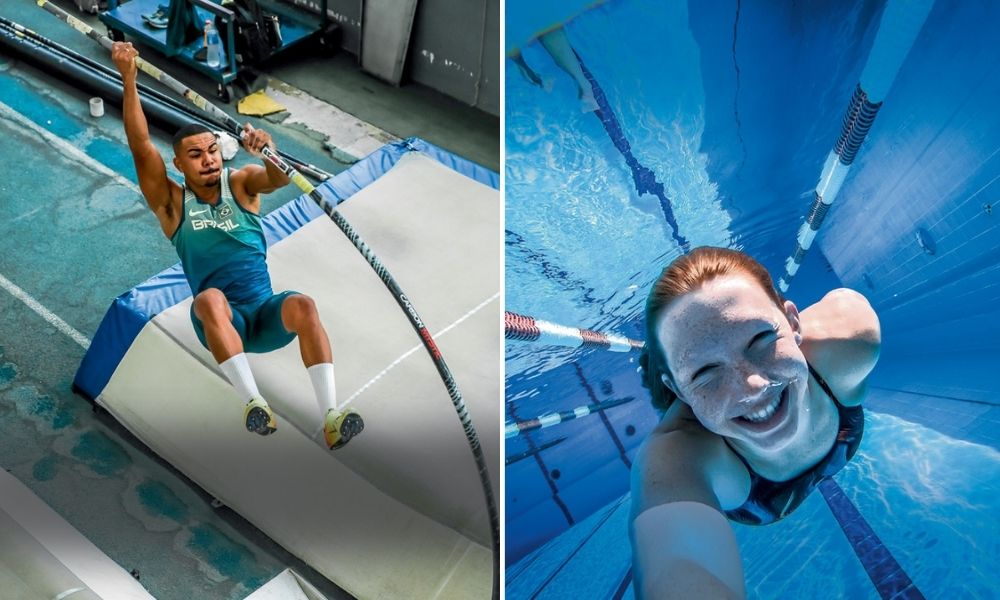 A montagem mostra, à esquerda, uma foto de Jefferson pulando com vara e, à direita, Stephanie dentro da água nadando e sorrindo para a câmera submersa.