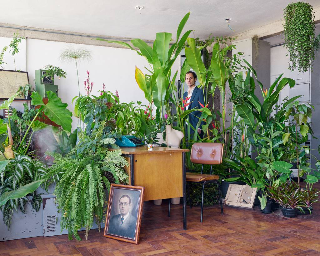 Imagem mostra sala com vista para o centro da cidade com plantas e movéis de escritório ao centro, além de quadro com fotografia e manequim, e Charly Andral posicionado no meio das folhagens