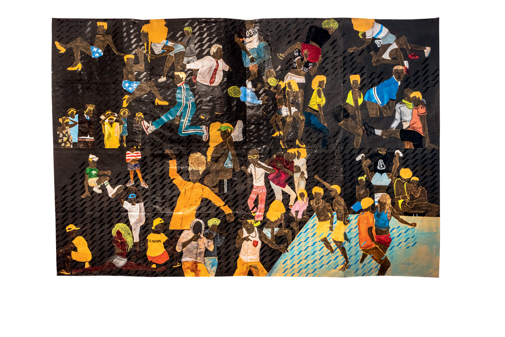 Pintura mostra várias pessoas negras dançando, com figurinos e apetrechos diferentes. O rosto não é desenhado, só o formato