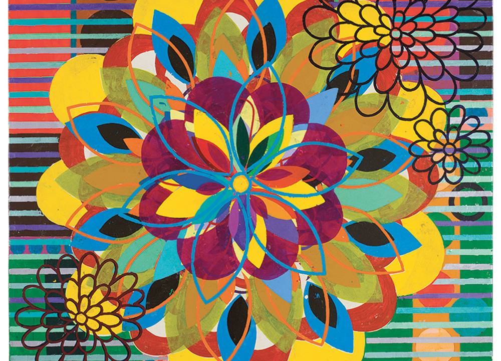 Pintura A Mosca (2012) de Beatriz Milhaes, aparenta ter um formato de flor, com várias cores como amarelo, azul, vermelho e roxo. No fundo há listras azuis