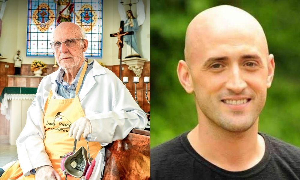 à esquerda, padre júlio lancelotti sentado em banco de igreja posando para foto, à direita, paulo gustavo sorrindo para foto