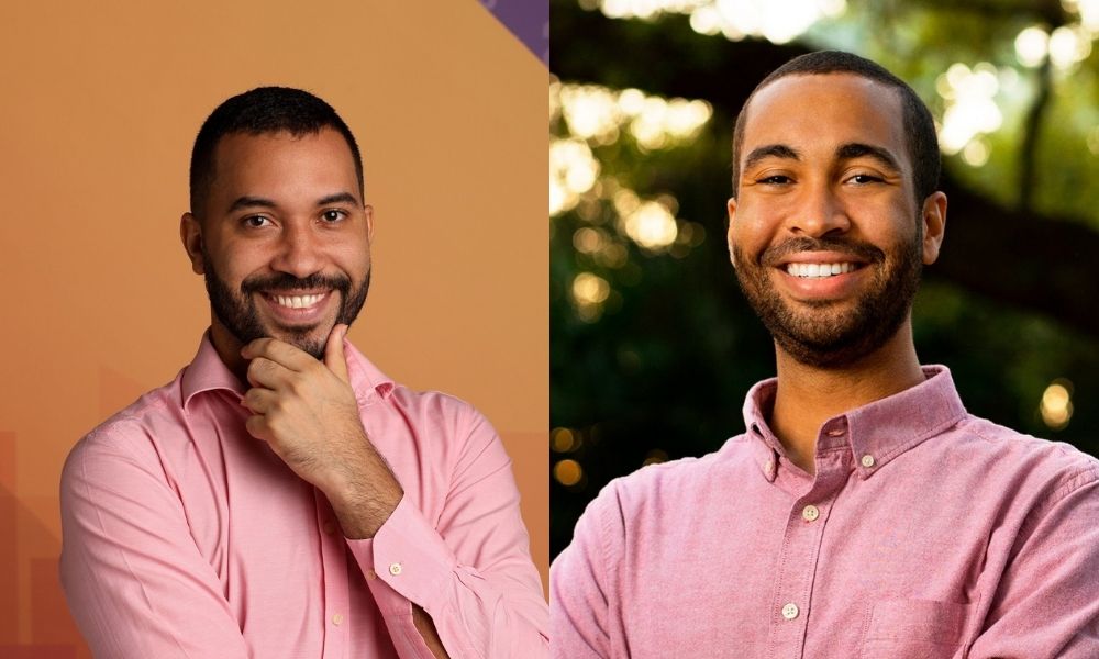 Imagem dividida: à esquerda, Gil do Vigor sorrindo para a foto com a mão no queixo, à direita, Richie Floyd de braços cruzados sorrindo para a foto