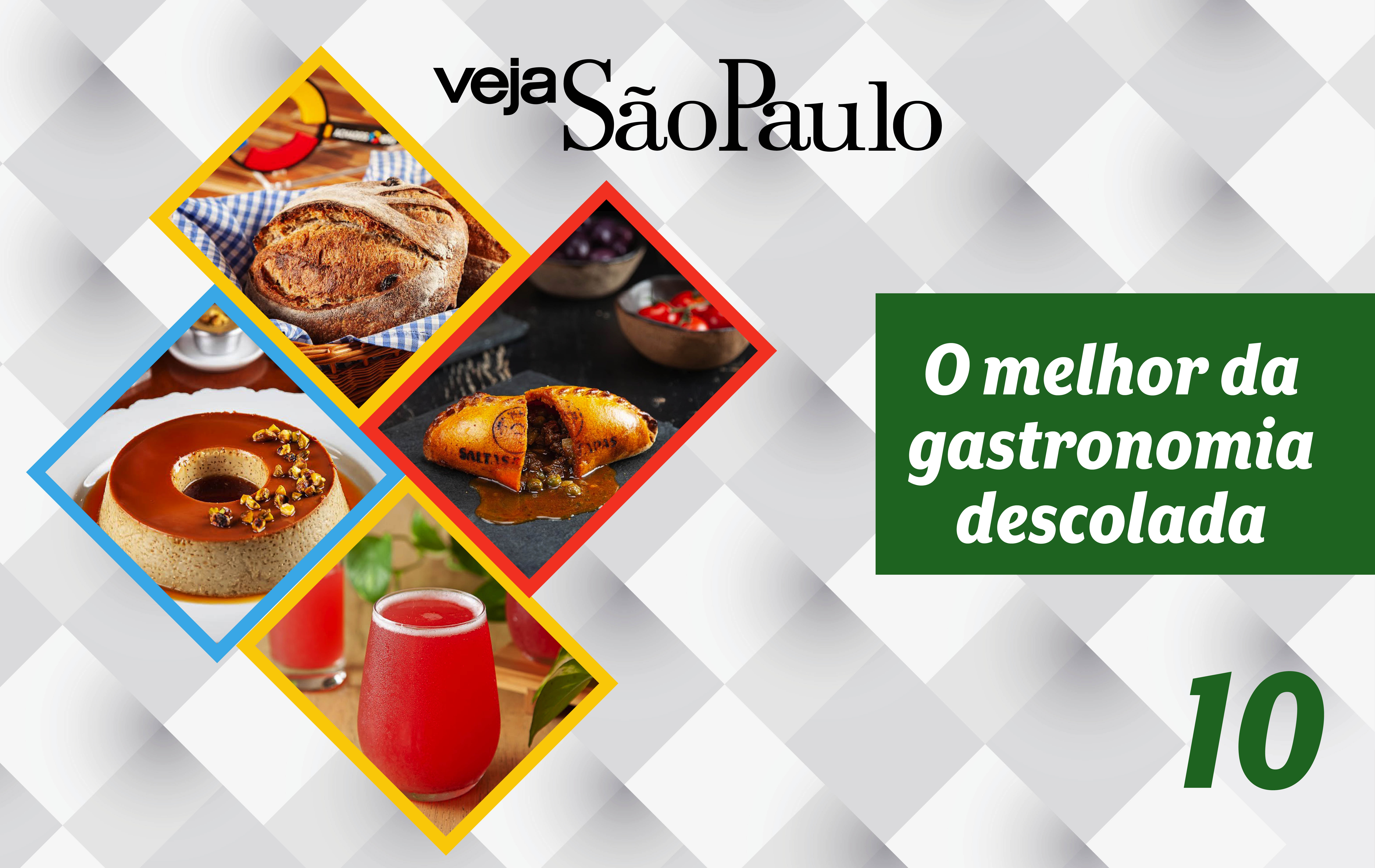 Card do décimo episódio "Melhor da gastronomia descolada" com fotos à esquerda de pão, empanada de carne aberta, pudim inteiro e copo com drink vermelho.