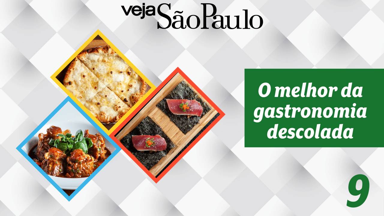 Card com o símbolo da Veja São Paulo no topo ao centro. À esquerda fotos de pizza de queijo, niguiris e carne ensopada em prato fundo. À direita lê-se "o melhor da gastronomia descolada".