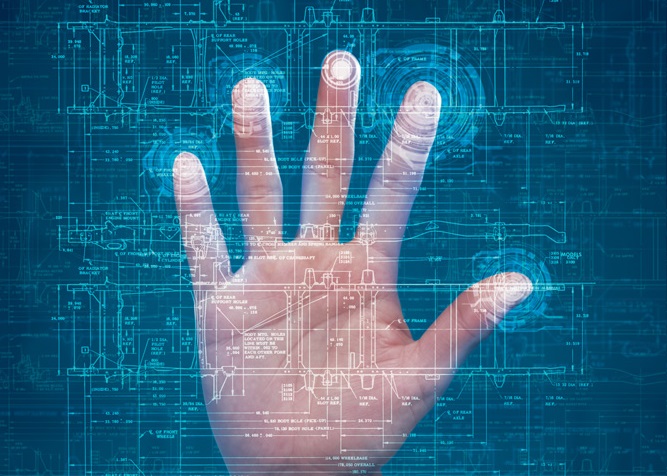 Mão encostada em superfície invisível. Em computação gráfica, em azul, impressões, digitais e símbolos eletrônicos