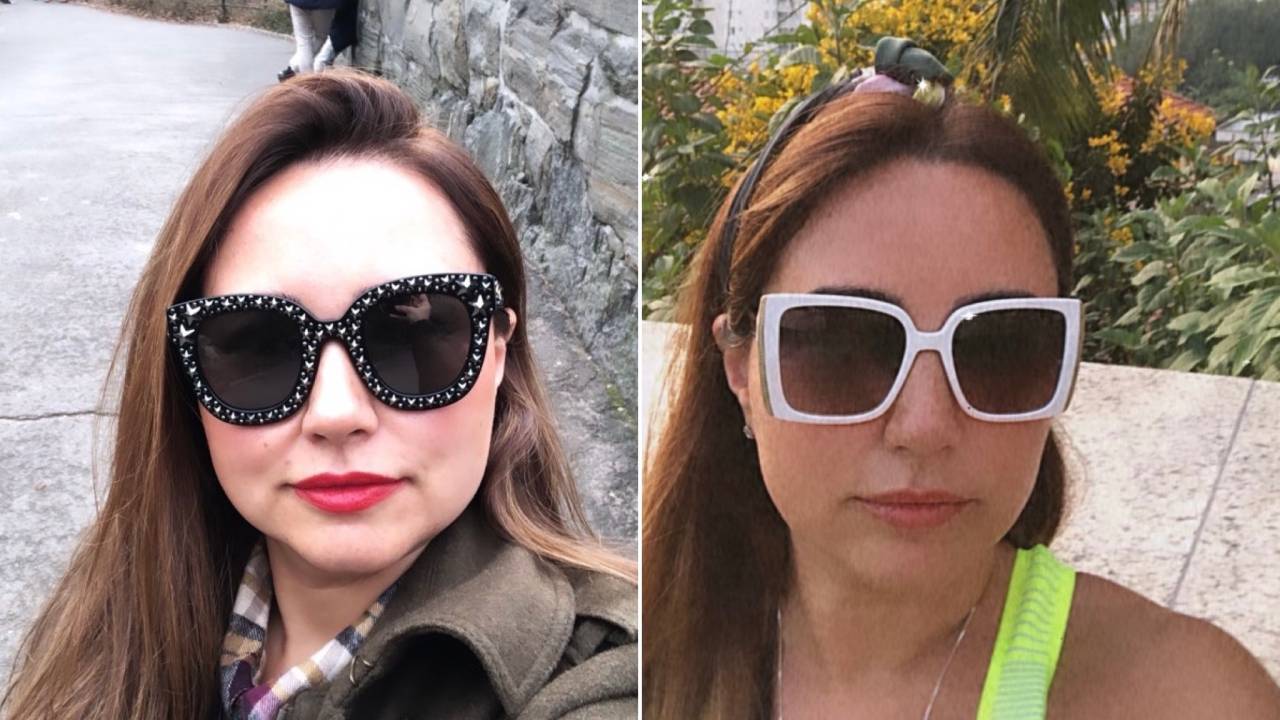 Foto dividida em duas, com a mesma mulher dos dois lados, usando óculos escurso
