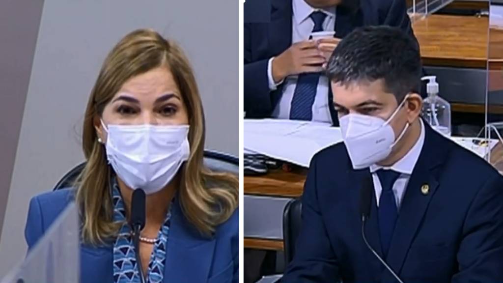 A imagem mostra uma montagem com Mayra, à esquerda, sentada em frente à um microfone de máscara. À direita, o senador Rodrigues também está sentado à frente de um microfone.
