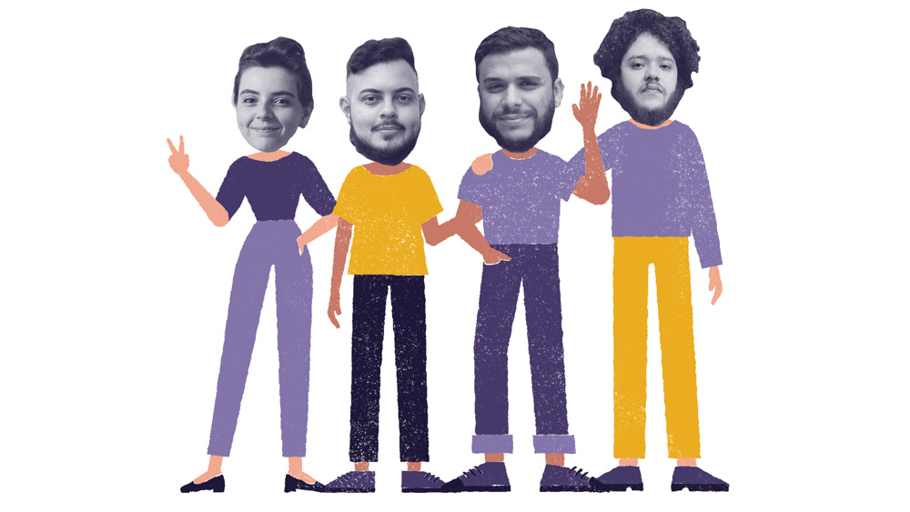 Os autores, da esquerda para direita – Tuia, Lucas Alves, Rafael Moura e Marcos Candido (1).jpg Montagem faz mistura com ilustração e fotos de três homens e uma mulher. Corpo é desenho e a cabeça são as fotos. Em roxo e amarelo