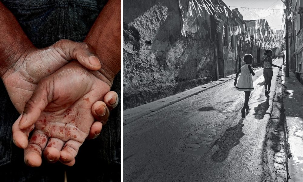 Raquel Santo Cristiano Mascaro 150 fotos A imagem é uma montagem com duas fotografias. À esquerda, são as duas mãos de uma pessoas, nas costas dela, com uma mão abraçando a outra, e elas estão sujas. Na imagem da direita, meninas correm pela rua do Pelourinho.