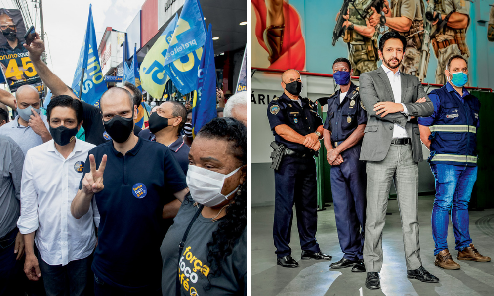 A imagem é uma montagem com duas fotos. À esquerda, Nunes e Covas, de máscara, durante campanha nas ruas de São Paulo, cercados de pessoas. À direita, Nunes está à frente de outros três policias, todos de máscara, com expressão séria encarando a câmera.