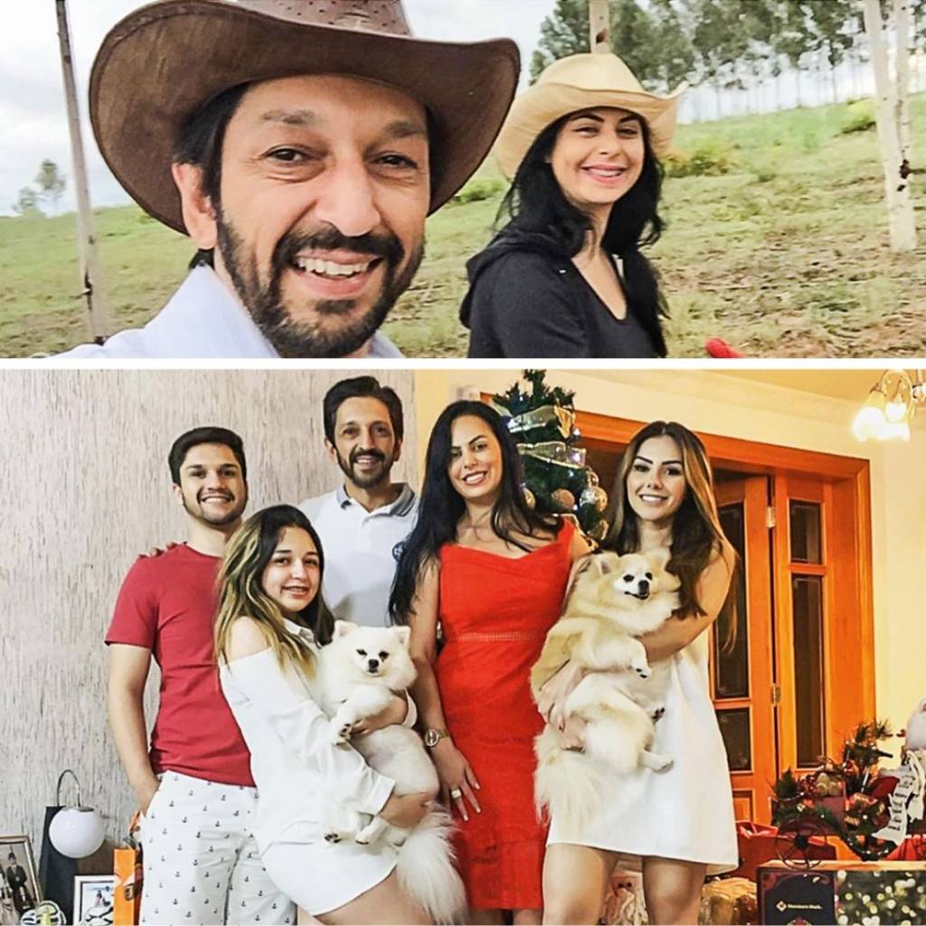A imagem apresenta uma montagem com duas fotos. Na de cima, Ricardo Nunes tira uma selfie com a esposa, ambos sorrindo. Abaixo, ele está junto de sua família em uma sala, todos abraçados e sorrindo.