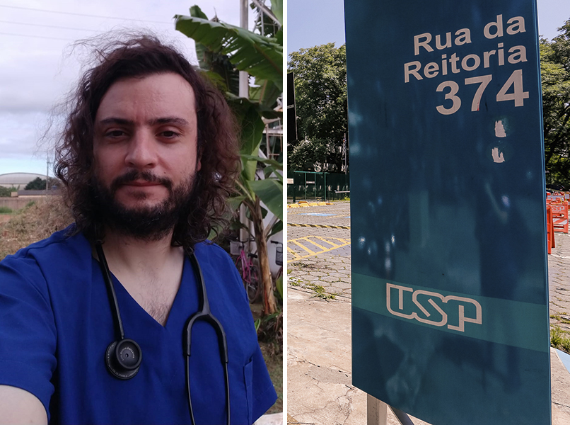 À esquerda, o médico Luís Gonçalves tira selfie com jaleco médico e estetoscópio, à direita, rua da reitoria da USP, na Cidade Universitária, em São Paulo