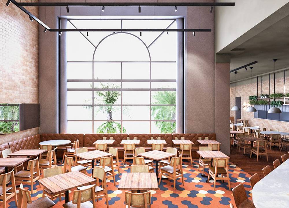 Projeto 3D de arquitetura do restaurante Più no Shopping Pátio Higienópolis. Mesas e cadeiras espalhadas pelo salão de chão colorido.