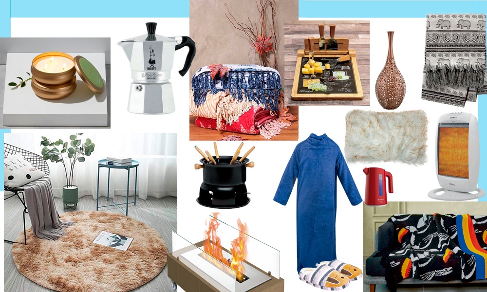 Montagem com vários itens de inverno: cobertores, chaleira, velas, fondue, tapete, manta, aquecedor e lareira