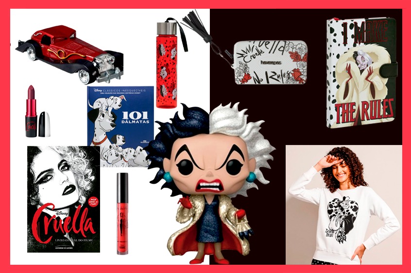 Montagem traz produtos da personagem Cruella. Tem carrinho, batons, boneco funko, moletom, livros, bolsa e garrafa