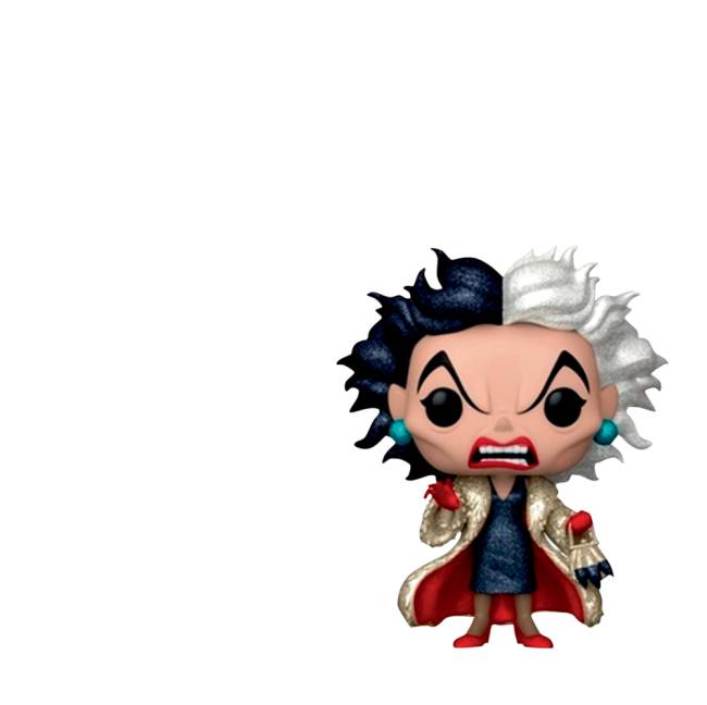 Boneco Funko da personagem Cruella. Ela está gritando, brava e tem cabelo branco e preto dividido ao meio